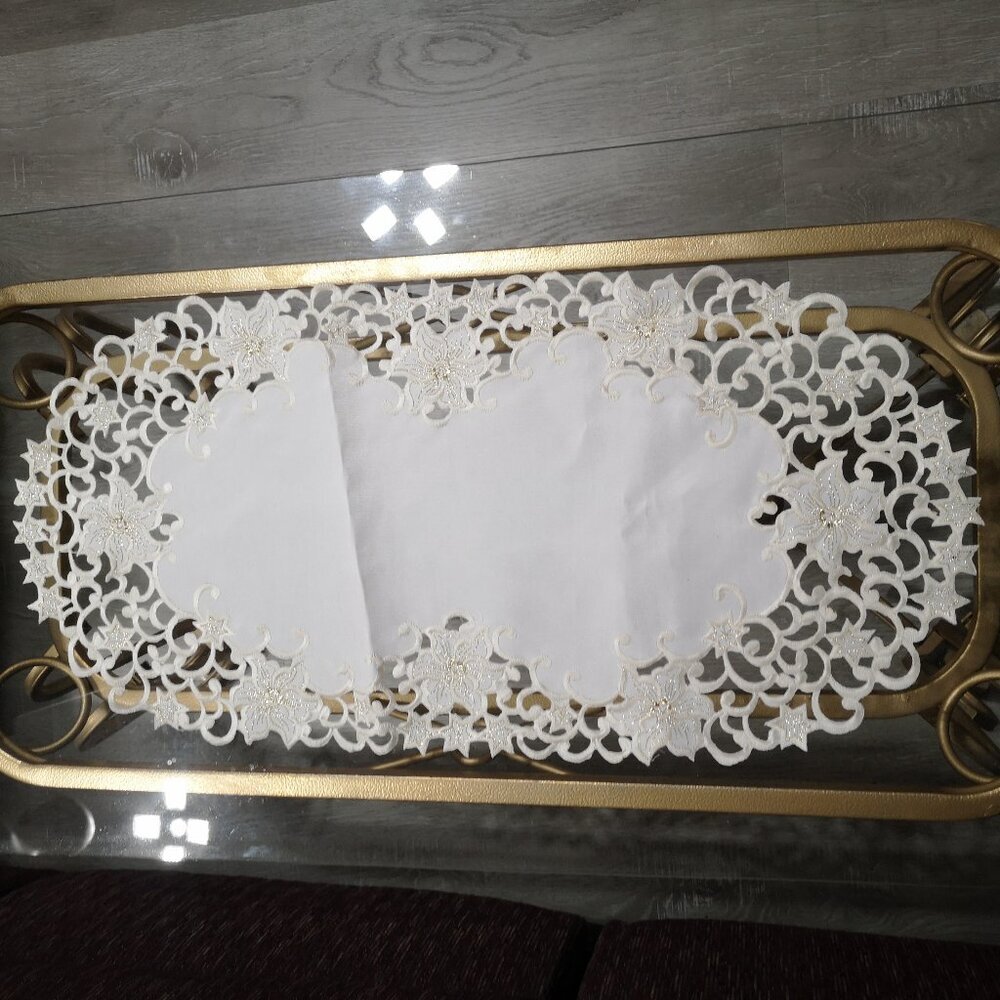 Set of 2 Off White w/ Gold Metallic Thread Trim 12"x27"Decorative Table Runners